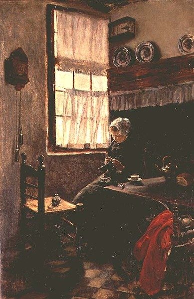 Una giovane donna che lavora a maglia in un interno da Max Liebermann