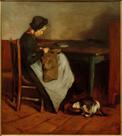 Ragazza che cuce con gatto - Interno olandese da Max Liebermann