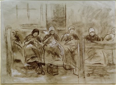 Sei ragazze olandesi che cuciono davanti a un muro di casa da Max Liebermann