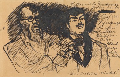 Tre caricature di Lenbach: a) ritratto a mezzo busto (schizzato); b) figura intera; c) insieme a Stuck da Max Slevogt