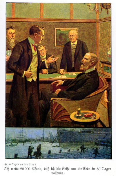Phileas Fogg accetta la scommessa al Reform Club che può fare il giro del mondo in 80 giorni, illustrazione da un