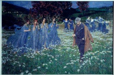 Reverie, un paesaggio onirico, un uomo attraversa un campo di persone. Dipinto di Maximilian Lenz da Maximilian Lenz