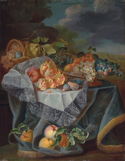 Uva, pere e una mela su un vaso di vetro, melograni e un cesto intrecciato con frutta su un tavolo drappeggiato, e un paesaggio di parco oltre da Maximilian Pfeiler or Pfeiller