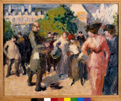 Scena di strada. Un mendicante con una ghironda che suona in un giardino di Parigi. Dipinto di Maximilien Luce (1858-1941). Olio su tela. Collezione privata da Maximilien Luce