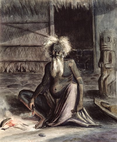 Vecchio di Tahiti seduto vicino a un Tiki, c.1841-48 da Maximilien Radiguet