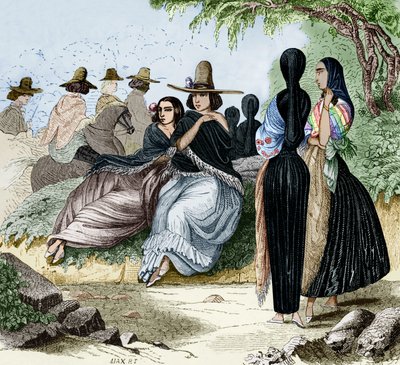 Donne di Lima in Perù, incisione dal viaggio di Radiguet a Lima negli anni 1840, documento colorato da Maximilien Radiguet