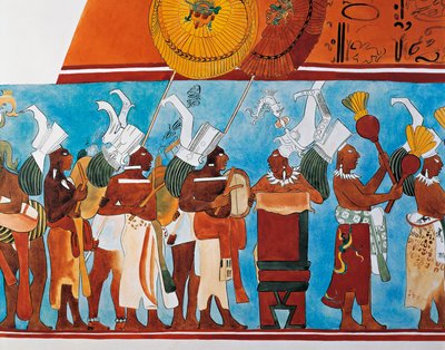 Ricostruzione degli affreschi di Bonampak che mostrano una processione di musicisti da Mayan