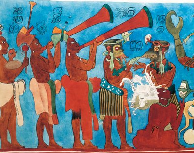 Riproduzione degli affreschi di Bonampak, dettaglio con musicisti da Mayan