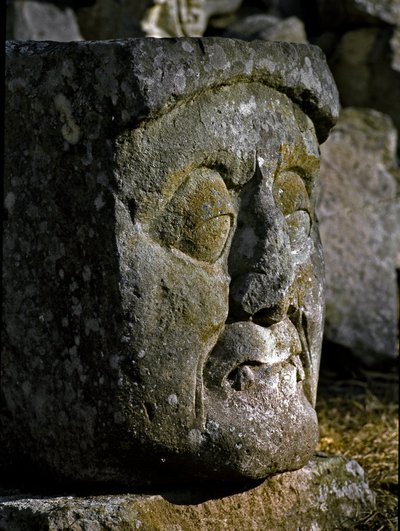 Scultura in pietra di una testa di uomo dall