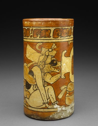 Vaso con dei scimmia e cane, 600-900 d.C. da Mayan
