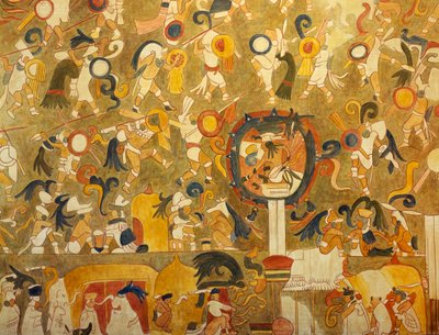 Ricostruzione di un dipinto Maya di Chichen Itza (Yucatan, Messico) che raffigura una scena di battaglia. Civiltà Maya. da Mayan Mayan