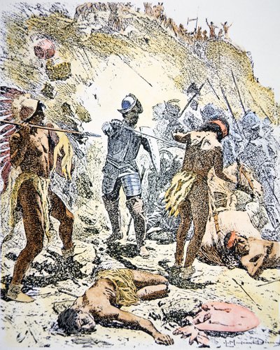 La Rivolta degli Indiani Pueblo del 1680 (incisione colorata) da Maynard Dixon