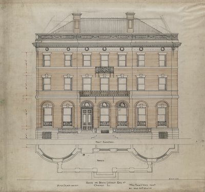 Casa Bryan Lathrop, Chicago, Illinois, prospetto anteriore e pianta della terrazza da Mead and White McKim