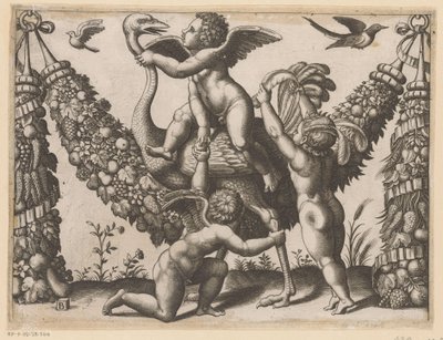 Tre putti e uno struzzo (Tapisserieën van de paus) da Meester van de Dobbelsteen