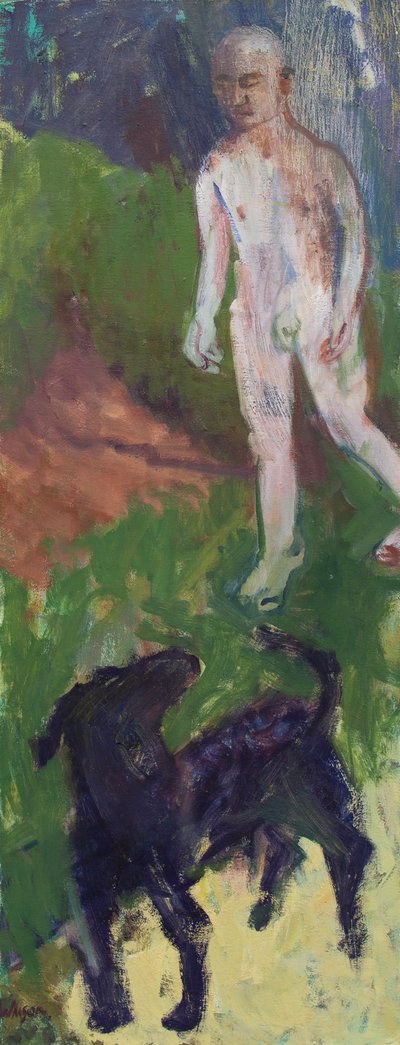 Uomo bianco che portava a spasso un cane nero, 2016 (olio su tela) da Megan Williamson