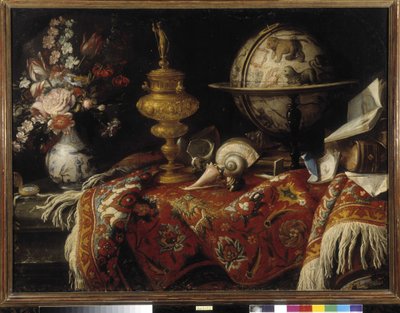Vaso di fiori, globo astrale, libri e lavori in oro su un tappeto da Meiffren (c.1630 1705) Conte
