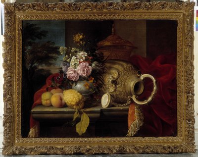 Natura morta con bouquet, frutta, vaso e tessuto rosso da Meiffren (c.1630 1705) Conte