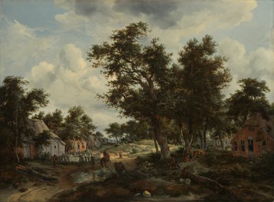 Paesaggio boscoso con viaggiatori su un sentiero attraverso un villaggio, c.1665 da Meindert Hobbema