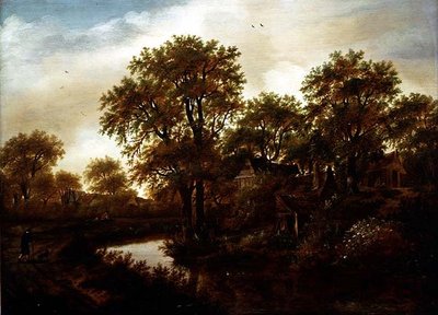 Paesaggio fluviale con cottage e contadino da Meindert Hobbema