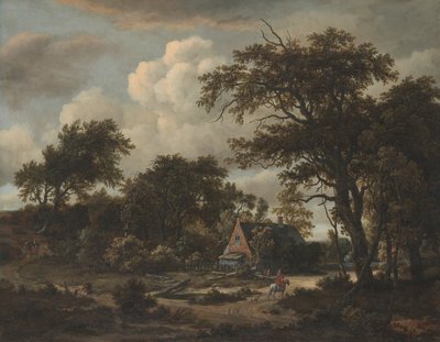 Paesaggio boscoso con cottage e cavaliere da Meindert Hobbema