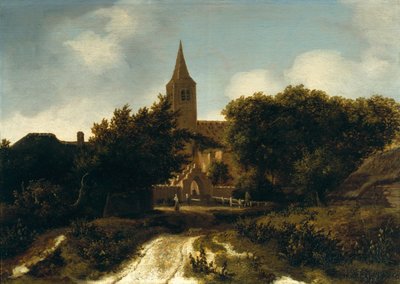 Paesaggio boscoso con figure vicino a una chiesa, c.1660 da Meindert Hobbema