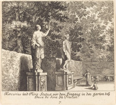 Statue di Mercurio e Flora, Giardini del Duca di Sora, Frascati da Melchior Küsel after Johann Wilhelm Baur