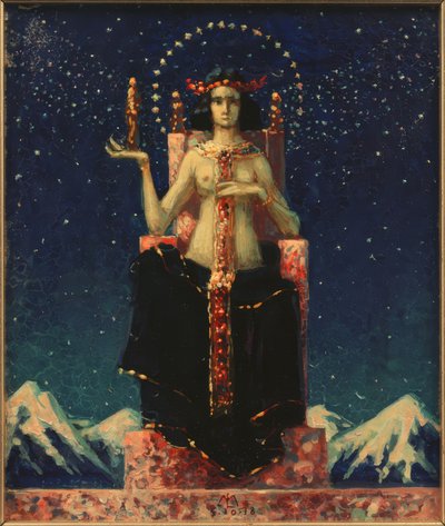 Figura femminile allegorica davanti a un paesaggio notturno dell