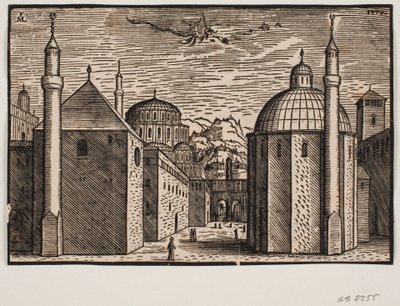 3 moschee, ciascuna con 1 minareto; nel cielo un drago volante con lunga coda da Melchior Lorck