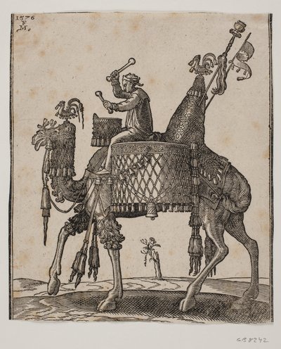 Un dromedario magnificamente equipaggiato con un timpanista come cavaliere da Melchior Lorck