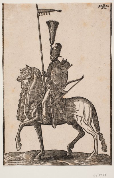 Soldato a cavallo, profilo a sinistra; lancia con bandiera, arco accanto, scudo circolare, faretra; copricapo con piume da Melchior Lorck