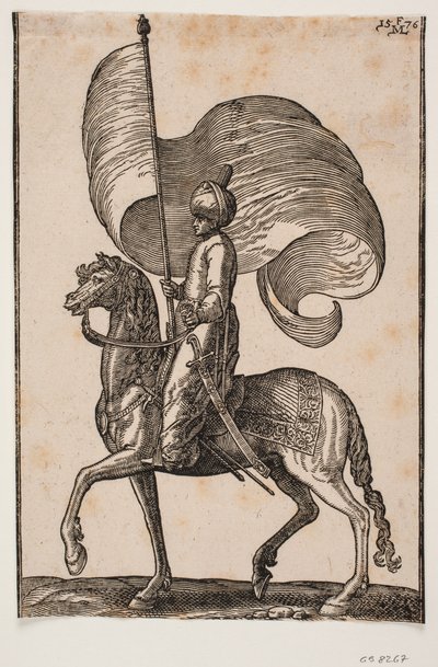 Portabandiera a cavallo, profilo a sinistra; porta una spada sul lato sinistro da Melchior Lorck