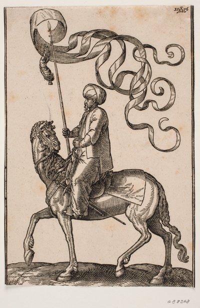 Portabandiera a cavallo, profilo verso sinistra; lo stendardo è a tre punte e sotto di esso è appesa una piuma; la sua spada è posizionata tra la sua gamba sinistra e il fianco del cavallo da Melchior Lorck