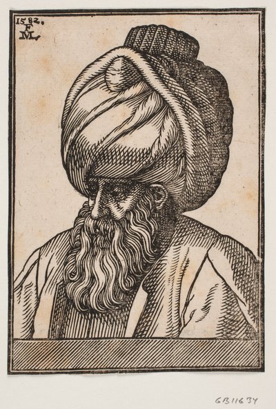 Busto di uomo con barba piena che indossa un turbante, profilo 3/4 verso sinistra da Melchior Lorck