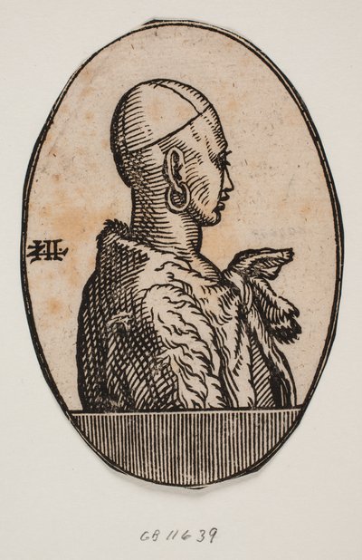 Medaglione circolare con ritratto a mezzo busto di uomo senza barba che indossa una calotta e un orecchino, con una pelliccia drappeggiata sulla spalla; profilo verso destra da Melchior Lorck