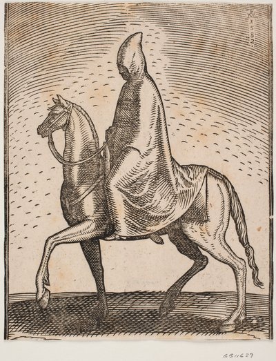 Cavaliere con mantello e cappello, profilo verso sinistra; sotto il mantello si intravede una spada da Melchior Lorck