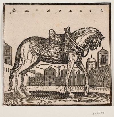 Cavallo elegante sellato, profilo a destra, su una piazza rettangolare da Melchior Lorck
