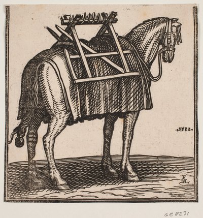 Un cavallo da soma ancora non caricato con un telaio sulla schiena, visto da dietro a sinistra. da Melchior Lorck
