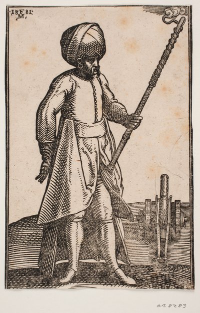 Un artigliere con il suo cannone, in un paesaggio aperto da Melchior Lorck