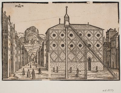 Strada, in primo piano moschea e minareto isolato da Melchior Lorck