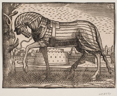 Cavallo coperto da un drappo, profilo verso sinistra, legato a un albero; sullo sfondo città con castello conico in fossato circolare da Melchior Lorck