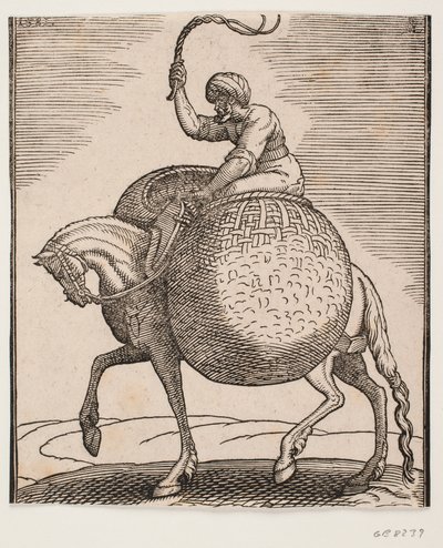 Cavallo con cavaliere e due cesti sferici per il trasporto di verdure da Melchior Lorck
