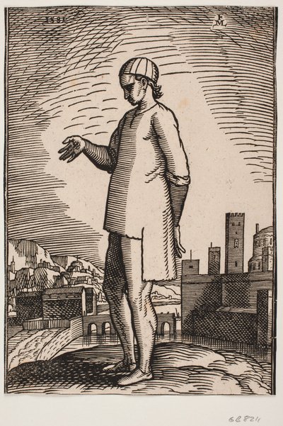 Schiavo cristiano con mano tesa, sullo sfondo due quartieri collegati da un ponte da Melchior Lorck