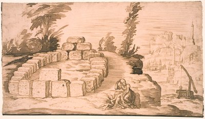 Paesaggio con un cerchio di pietre e una vecchia con un bambino da Melchior Lorck