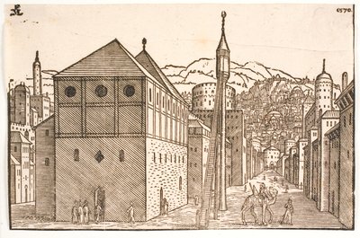 Moschea con minareto indipendente con scala esterna da Melchior Lorck