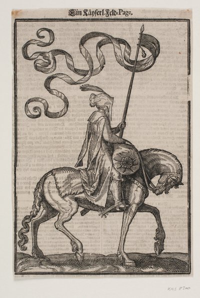 Portabandiera a cavallo, profilo verso destra; lo stendardo è a due code; il cavaliere è disarmato; sulla schiena del cavallo davanti a lui, c