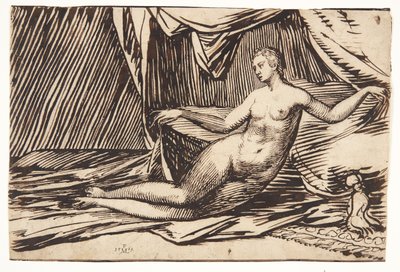 Donna nuda reclinata sotto un drappo simile a una tenda da Melchior Lorck
