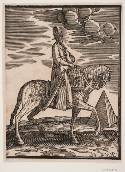Cavaliere con una fiaschetta al collo, profilo verso destra; una spada al suo fianco destro e bagagli davanti a lui, drappeggiati sulla sella; a destra, sullo sfondo, una piramide da Melchior Lorck