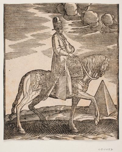Cavaliere con una fiaschetta al collo, profilo verso destra; una spada al suo fianco destro e bagagli davanti a lui, drappeggiati sulla sella; a destra, sullo sfondo, una piramide da Melchior Lorck