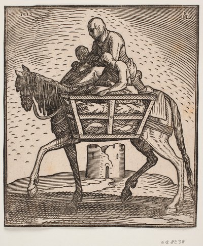Cavaliere con cappuccio abbassato sul viso; su ciascun lato del cavallo una gabbia con una persona; profilo verso sinistra; sotto il cavallo si vede una torre cilindrica in rovina da Melchior Lorck