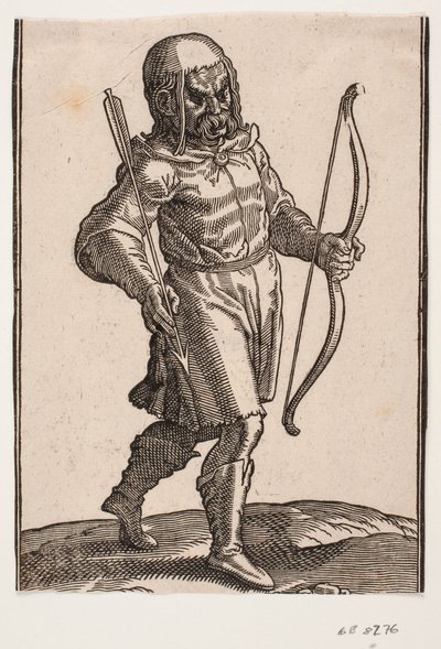 Soldato, camminando verso destra; stivali e abito corto; nella mano sinistra un arco, nella mano destra una freccia da Melchior Lorck